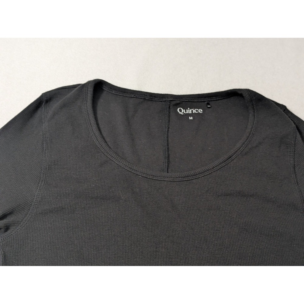 Quince Women Cotton Micro-Rib Elbow Sleeve Tee Black Sleeved Top Med - Picture 2 of 9